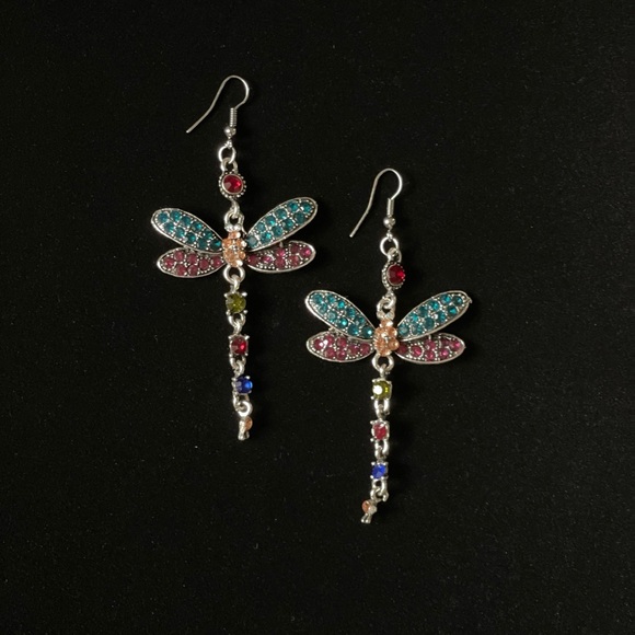 Dragonfly earrings large dangle hook silver rhinestones whimsical vintage - Picture 5 of 9